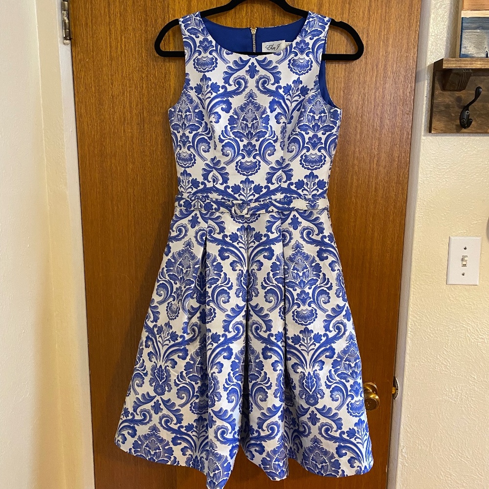 Eliza J Blue and White Damask Midi Dress